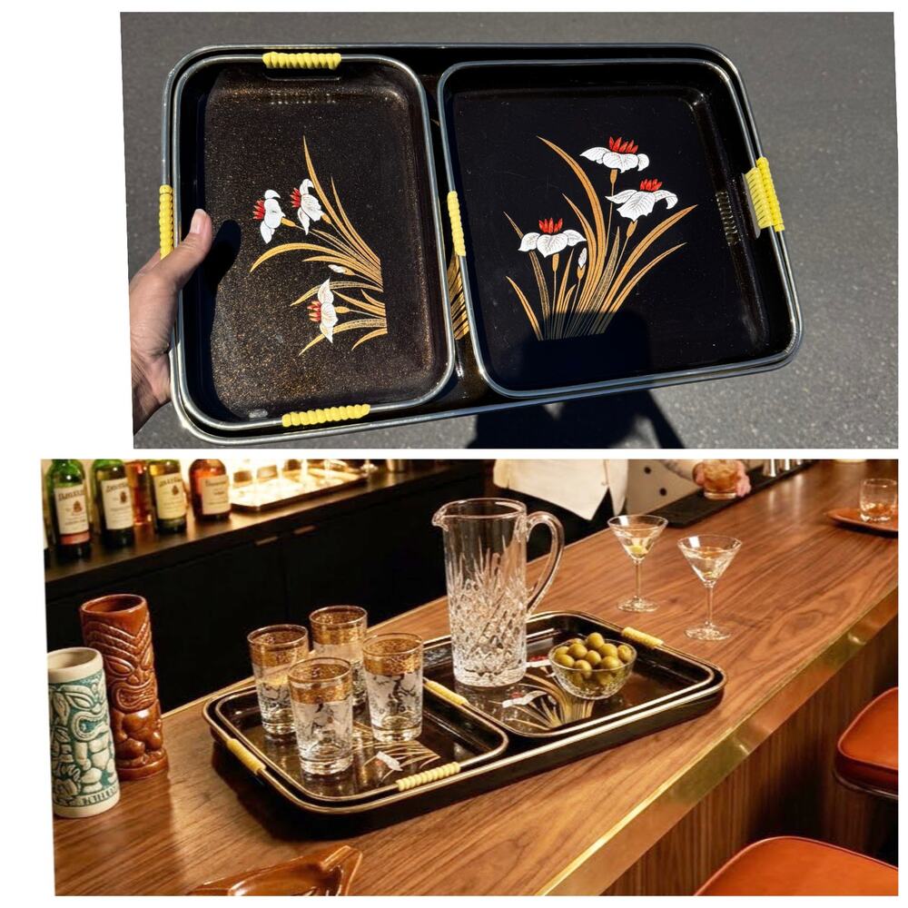 Japanese lacquerware nesting serving trays gold white black floral design VTG